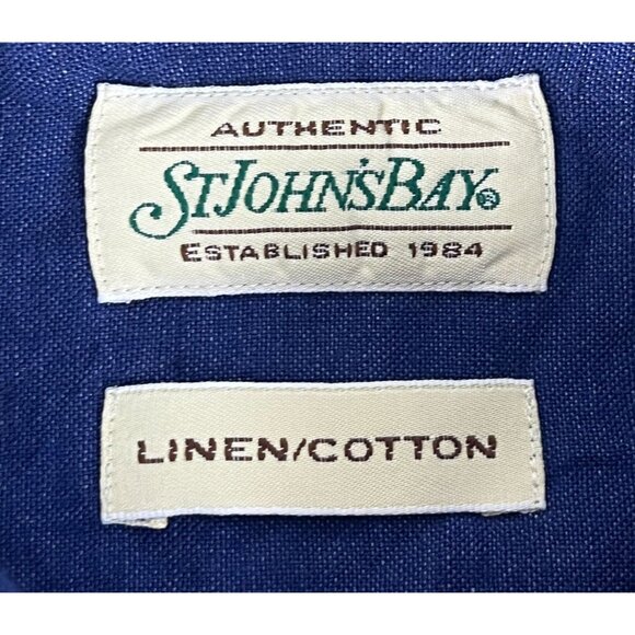 St John's Bay Linen Cotton Button Up Shirt Top Men's L Blue Pocket Short Sleeve - Picture 2 of 5
